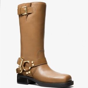 Michael Kors Moto Boot Tan Leather Boots with Buckle Accents Sz 6.5 New!